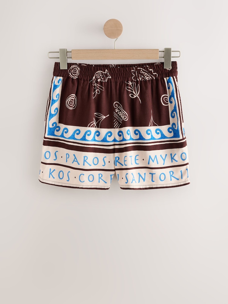 Brown/Blue Print Shorts with Linen - Image 1 of 3