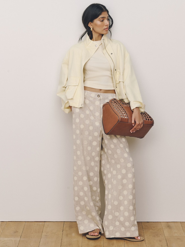 Neutre à pois - Pantalons Ample en Lin Blend à devant élégant - Image 2 sur 9