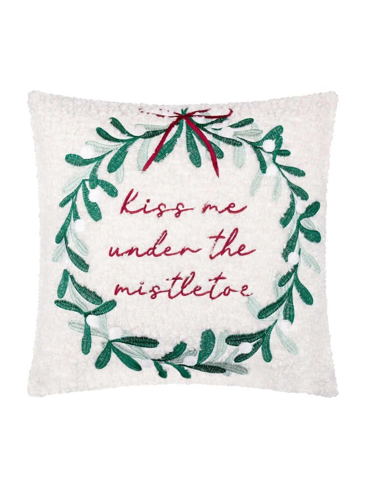 Furn Multicolour Mistletoe Wreath Embroidered Cushion - Image 1 of 4 Furn Multicolour Mistletoe Wreath Embroidered Cushion - Image 1 of 4