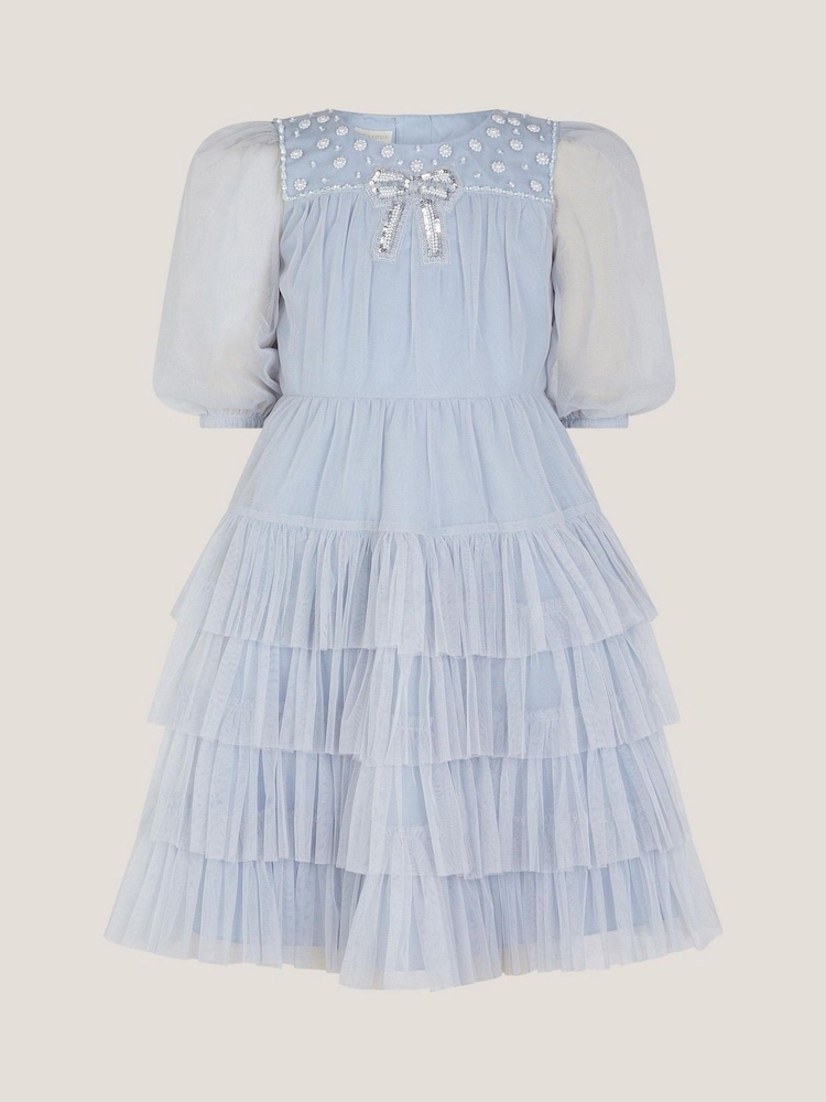 Monsoon Long Sleeve Bow Beaded Ruffle Dress - Bild 1 von 3