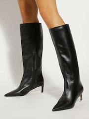 Dune London Black Smoothly Kitten Heel Point Knee Boots - Image 1 of 6