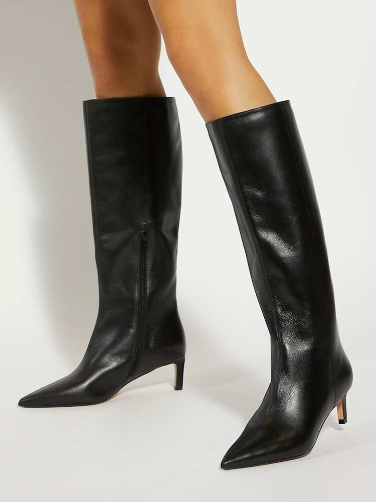 Dune London Black Smoothly Kitten Heel Point Knee Boots - Image 1 of 6