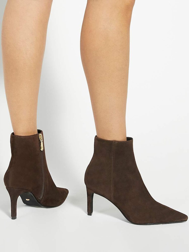 Dune London Brown Obsessively Mid Set Back Point Heel Boots - Image 1 of 6 Dune London Brown Obsessively Mid Set Back Point Heel Boots - Image 1 of 6
