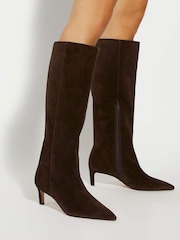 Dune London Brown Smoothly Kitten Heel Point Knee Boots - Image 1 of 6