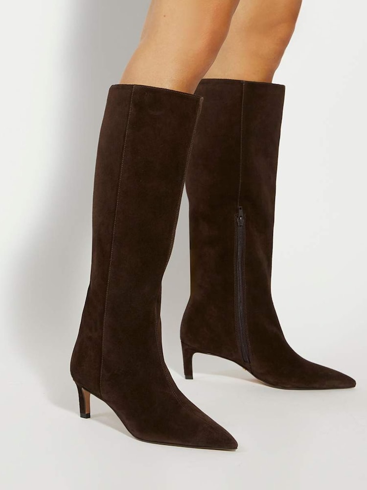 Dune London Brown Smoothly Kitten Heel Point Knee Boots - Image 1 of 6 Dune London Brown Smoothly Kitten Heel Point Knee Boots - Image 1 of 6