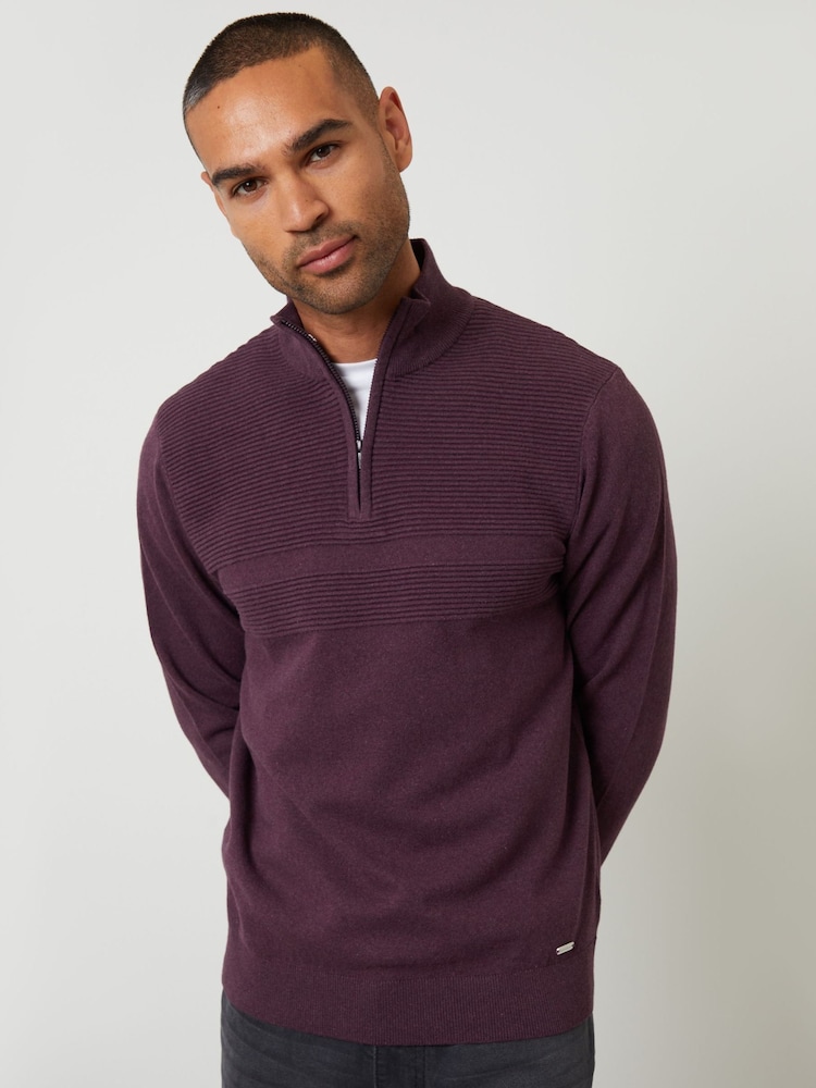 Threadbare Red Rib Detail Knitted Quarter Zip Jumper - Image 1 of 4 Threadbare Red Rib Detail Knitted Quarter Zip Jumper - Image 1 of 4