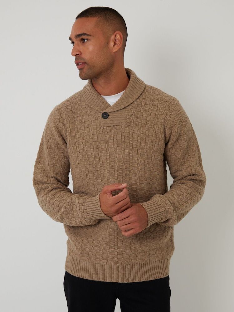 Threadbare Brown Basket Stitch Knitted Shawl Neck Jumper - Image 1 of 4 Threadbare Brown Basket Stitch Knitted Shawl Neck Jumper - Image 1 of 4