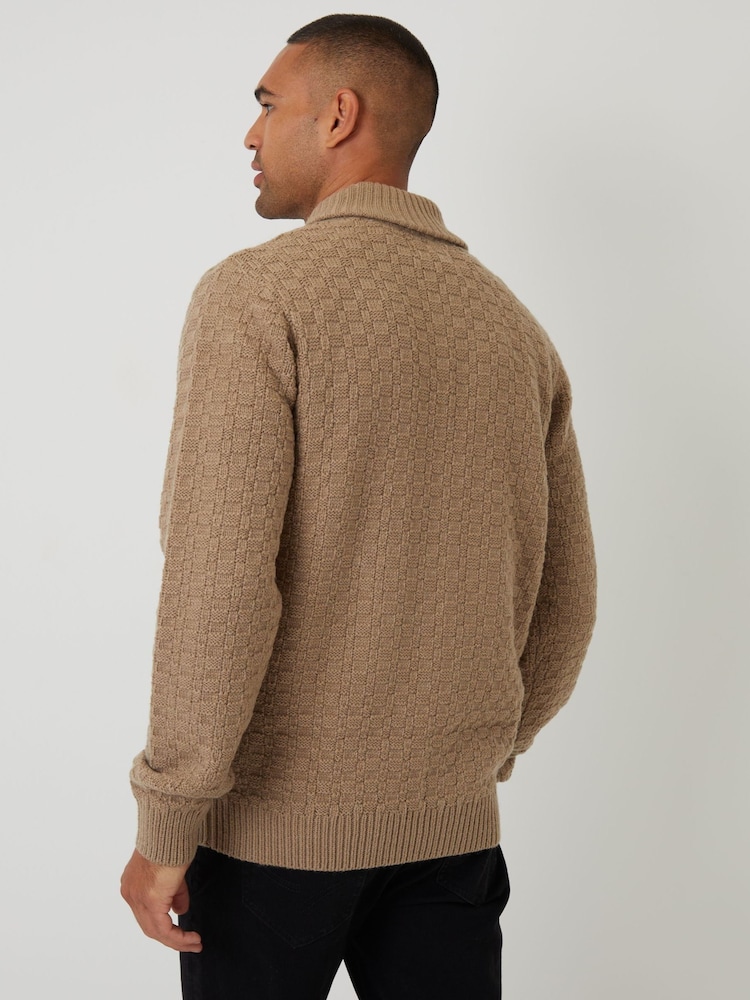 Threadbare Brown Basket Stitch Knitted Shawl Neck Jumper - Image 2 of 4 Threadbare Brown Basket Stitch Knitted Shawl Neck Jumper - Image 2 of 4