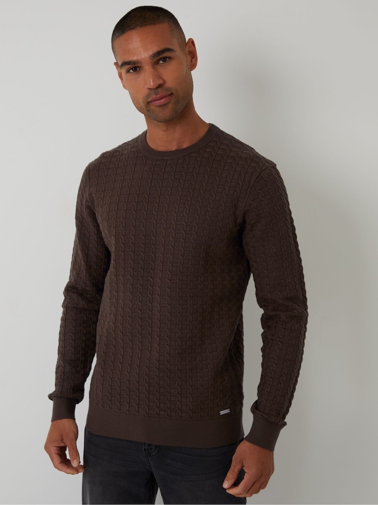 Threadbare Brown Cable Knit Crew Neck Jumper - Image 1 of 4 Threadbare Brown Cable Knit Crew Neck Jumper - Image 1 of 4