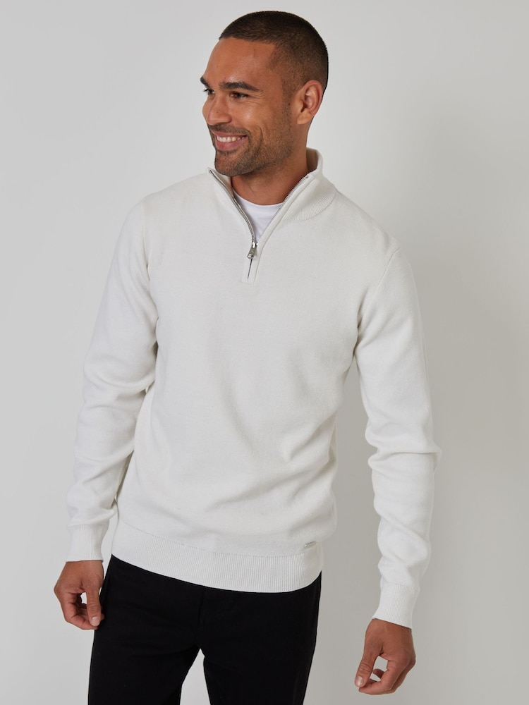 Threadbare White Cotton Blend Knitted Quarter Zip Jumper - Image 1 of 4