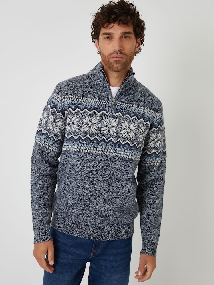 Threadbare Blue Fairisle Knitted Quarter Zip Jumper - Image 1 of 4 Threadbare Blue Fairisle Knitted Quarter Zip Jumper - Image 1 of 4