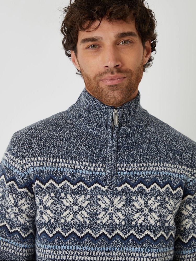 Threadbare Blue Fairisle Knitted Quarter Zip Jumper - Image 4 of 4 Threadbare Blue Fairisle Knitted Quarter Zip Jumper - Image 4 of 4