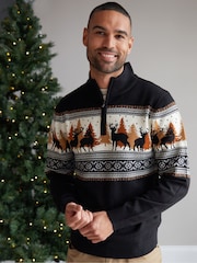 Threadbare Black Reindeer Fairisle Quarter Zip Jumper - Image 1 of 4