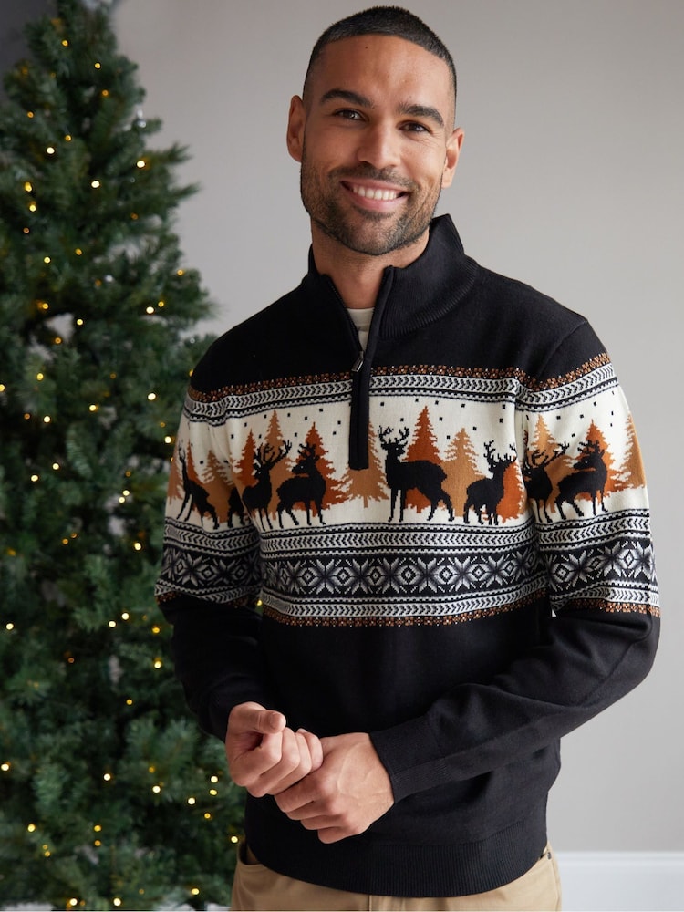 Threadbare Black Reindeer Fairisle Quarter Zip Jumper - Image 1 of 4 Threadbare Black Reindeer Fairisle Quarter Zip Jumper - Image 1 of 4