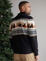 Threadbare Black Reindeer Fairisle Quarter Zip Jumper - Image 2 of 4
