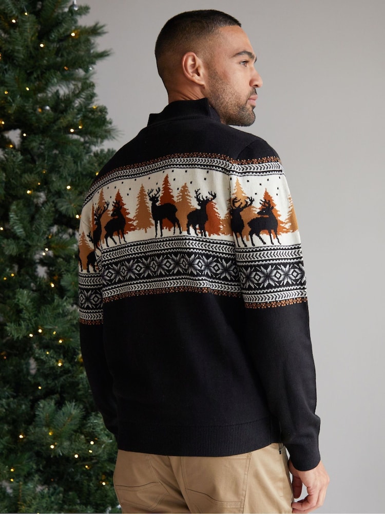 Threadbare Black Reindeer Fairisle Quarter Zip Jumper - Image 2 of 4 Threadbare Black Reindeer Fairisle Quarter Zip Jumper - Image 2 of 4