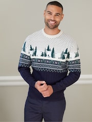 Threadbare Blue Cable Knit Fairisle Pattern Christmas Jumper - Image 1 of 4