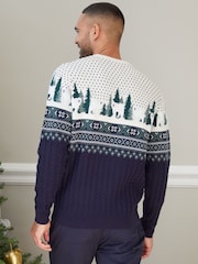 Threadbare Blue Cable Knit Fairisle Pattern Christmas Jumper - Image 2 of 4