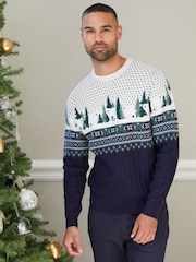 Threadbare Blue Cable Knit Fairisle Pattern Christmas Jumper - Image 3 of 4