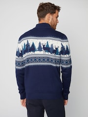Threadbare Blue Reindeer Fairisle Quarter Zip Jumper - Image 3 of 5