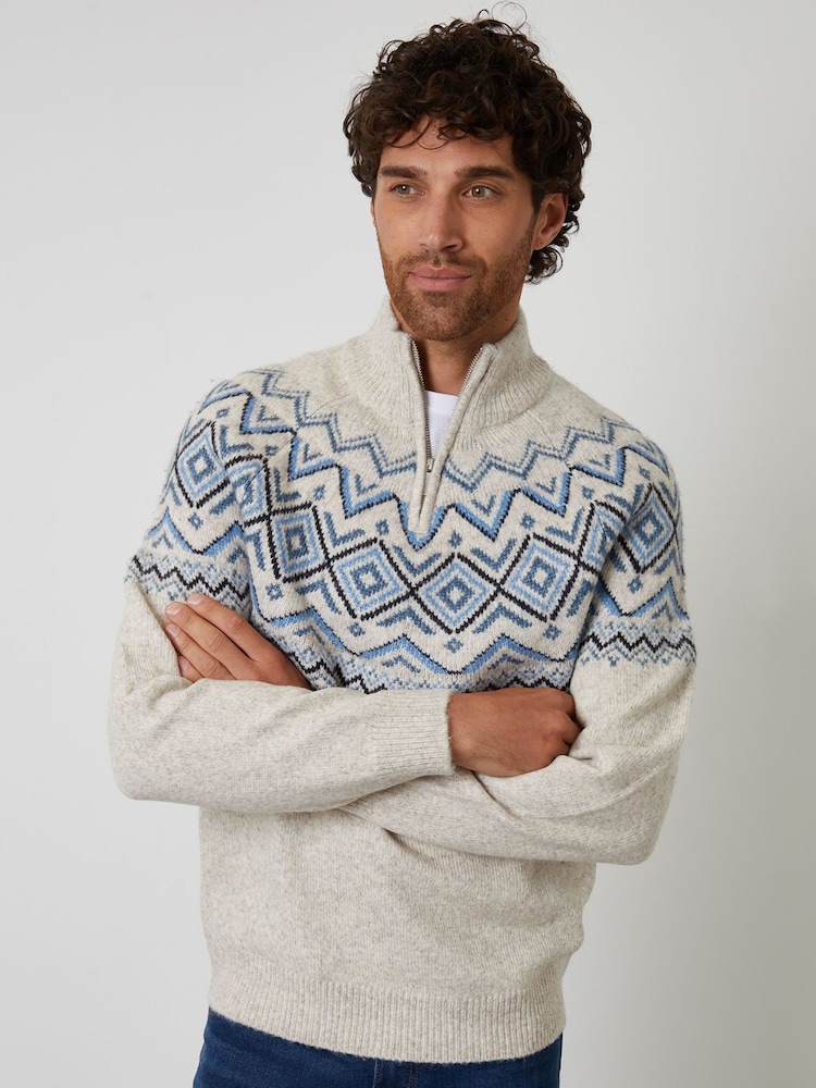 Threadbare Cream Fairisle Quarter Zip Knitted Jumper - Image 1 of 4 Threadbare Cream Fairisle Quarter Zip Knitted Jumper - Image 1 of 4