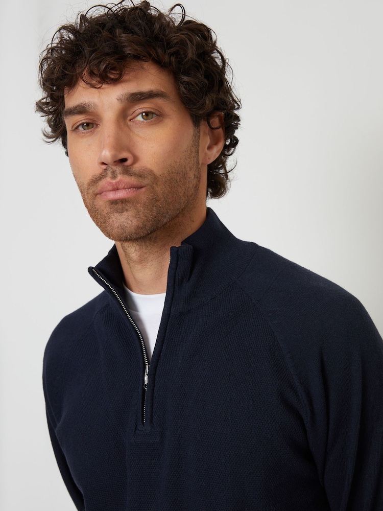 Threadbare Blue Mock T-Shirt Textured Knit Quarter Zip Jumper - Image 4 of 4 Threadbare Blue Mock T-Shirt Textured Knit Quarter Zip Jumper - Image 4 of 4