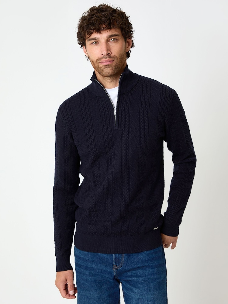 Threadbare Blue Cable Knit Quarter Zip Jumper - Image 1 of 4 Threadbare Blue Cable Knit Quarter Zip Jumper - Image 1 of 4
