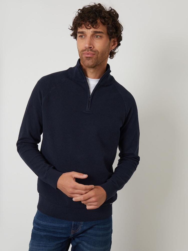 Threadbare Blue Textured Knit Quarter Zip Jumper - Image 1 of 4 Threadbare Blue Textured Knit Quarter Zip Jumper - Image 1 of 4