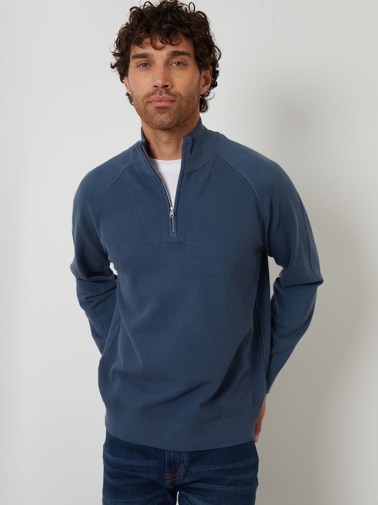 Threadbare Light Blue Mock T-Shirt Textured Knit Quarter Zip Jumper - Image 1 of 4 Threadbare Light Blue Mock T-Shirt Textured Knit Quarter Zip Jumper - Image 1 of 4