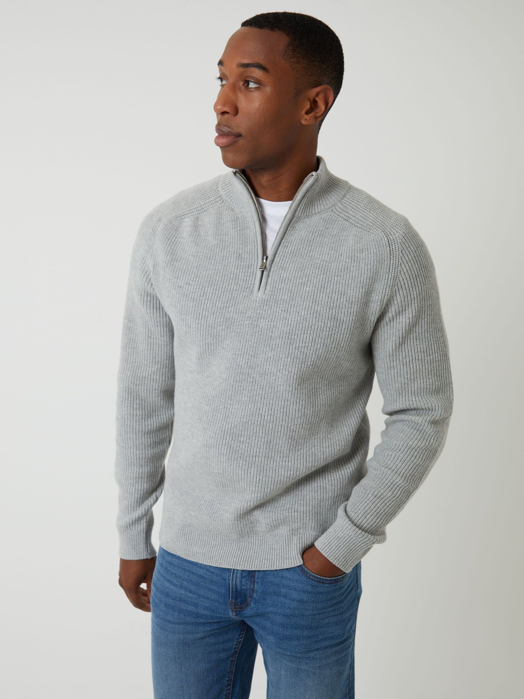 トップス crushed rib pullover Buy Threadbare Grey Rib Panel Quarter Zip Knitted Jumper from the
