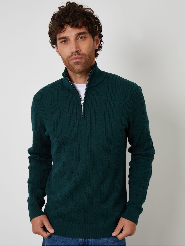 Threadbare Green Cable Knit Quarter Zip Jumper - Image 1 of 4 Threadbare Green Cable Knit Quarter Zip Jumper - Image 1 of 4