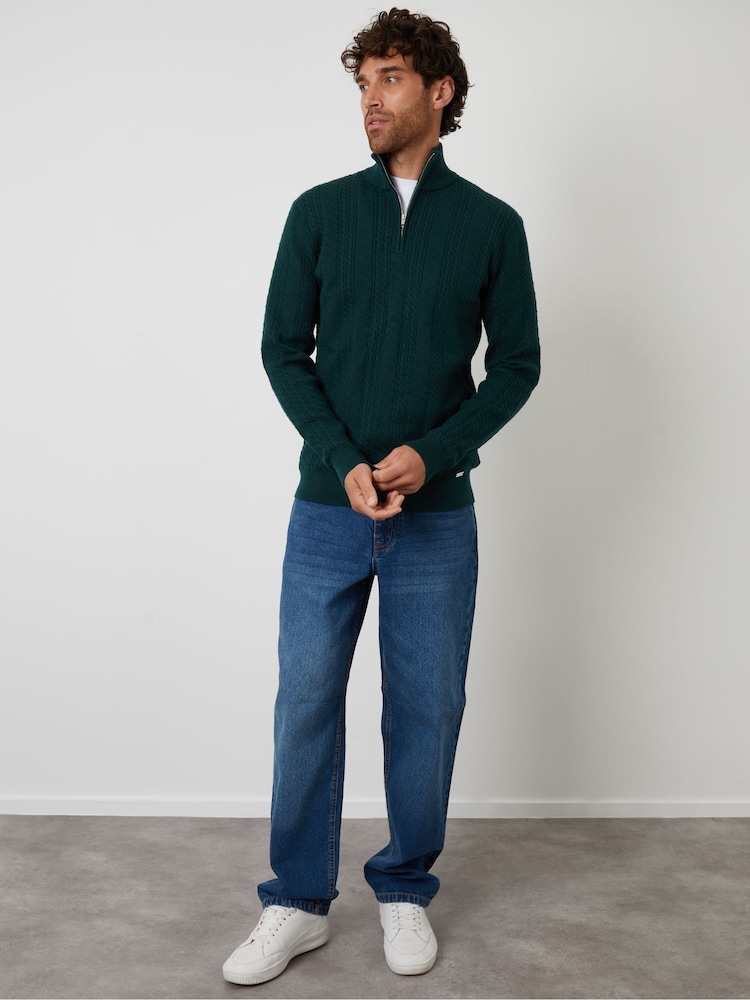 Threadbare Green Cable Knit Quarter Zip Jumper - Image 2 of 4 Threadbare Green Cable Knit Quarter Zip Jumper - Image 2 of 4