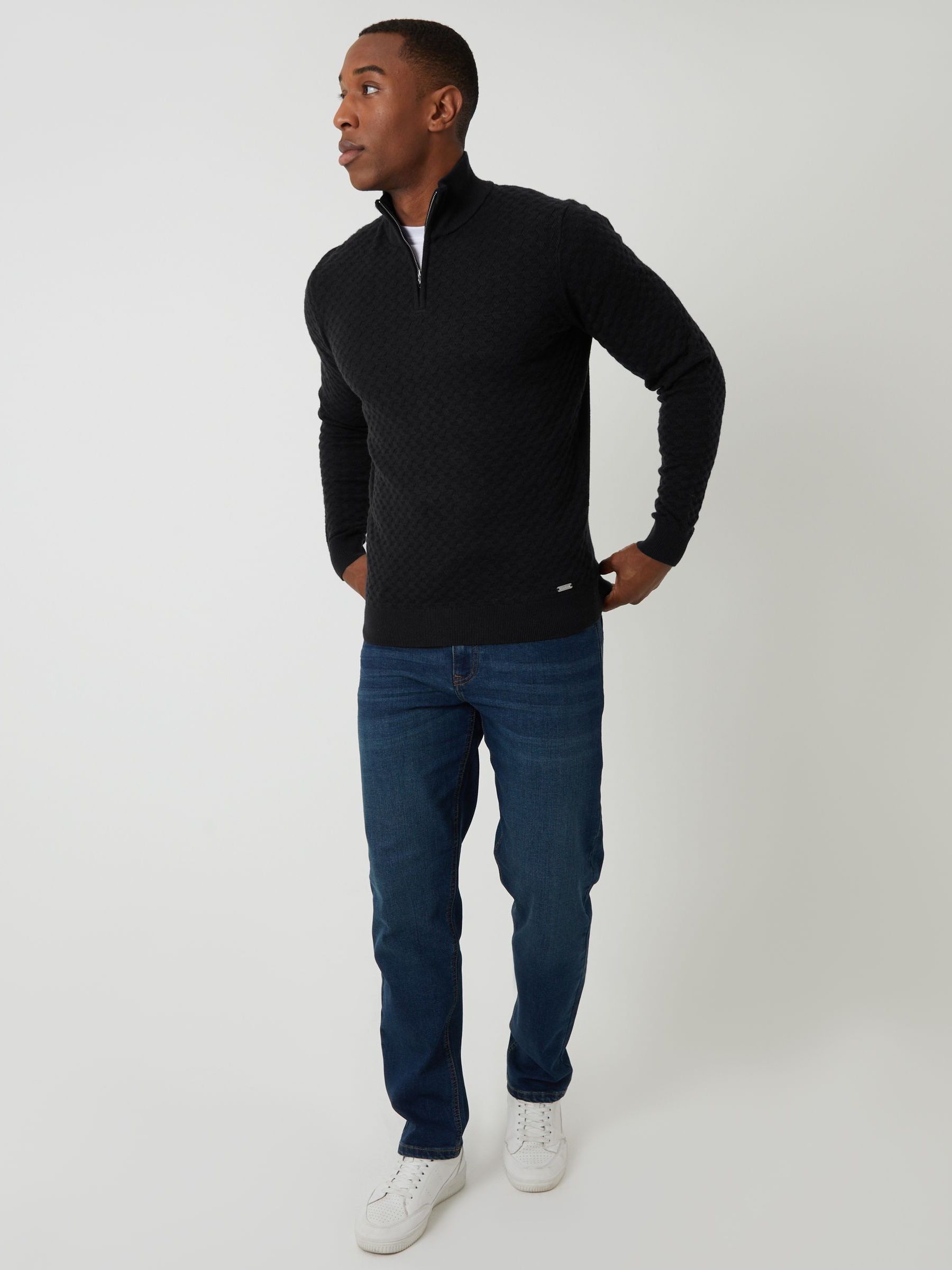 Buy Threadbare Black Textured Cable Knit Quarter Zip Jumper from