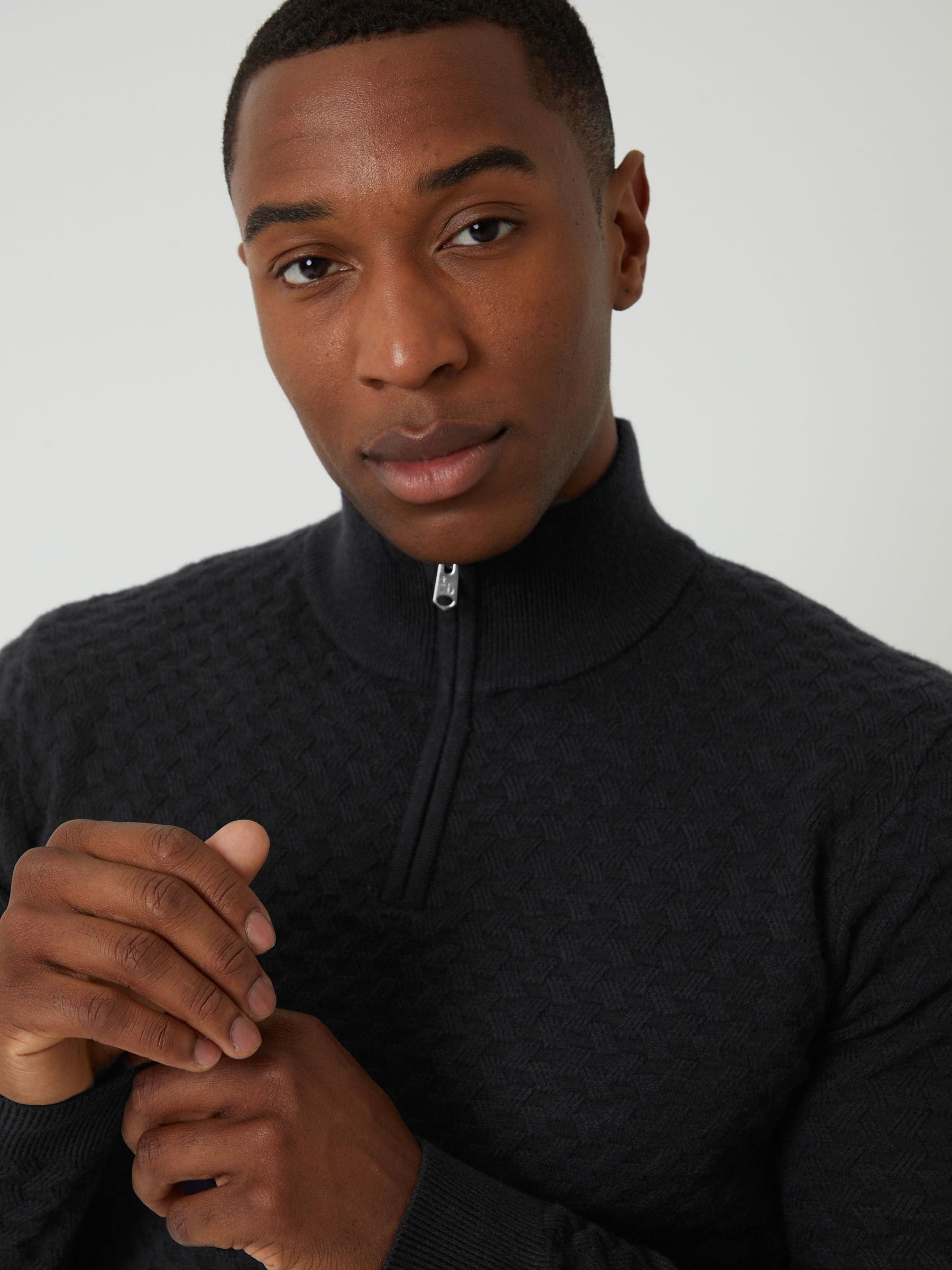 Buy Threadbare Black Textured Cable Knit Quarter Zip Jumper from