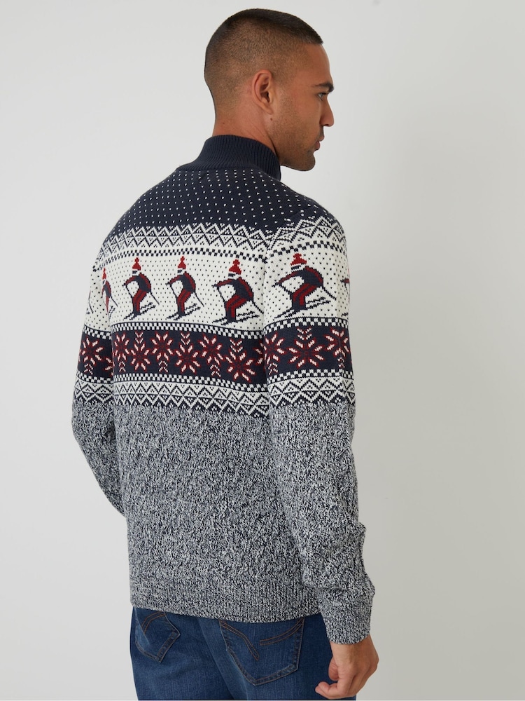 Threadbare Blue Ski Fairisle Cable Knit Quarter Zip Jumper - Image 2 of 4 Threadbare Blue Ski Fairisle Cable Knit Quarter Zip Jumper - Image 2 of 4
