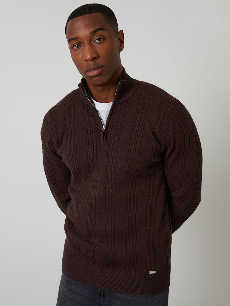 Threadbare Brown Cable Knit Quarter Zip Jumper - Image 1 of 4 Threadbare Brown Cable Knit Quarter Zip Jumper - Image 1 of 4