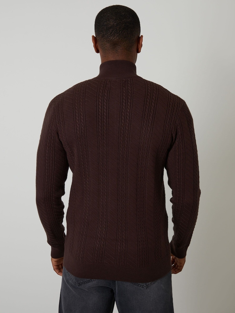 Threadbare Brown Cable Knit Quarter Zip Jumper - Image 2 of 4 Threadbare Brown Cable Knit Quarter Zip Jumper - Image 2 of 4