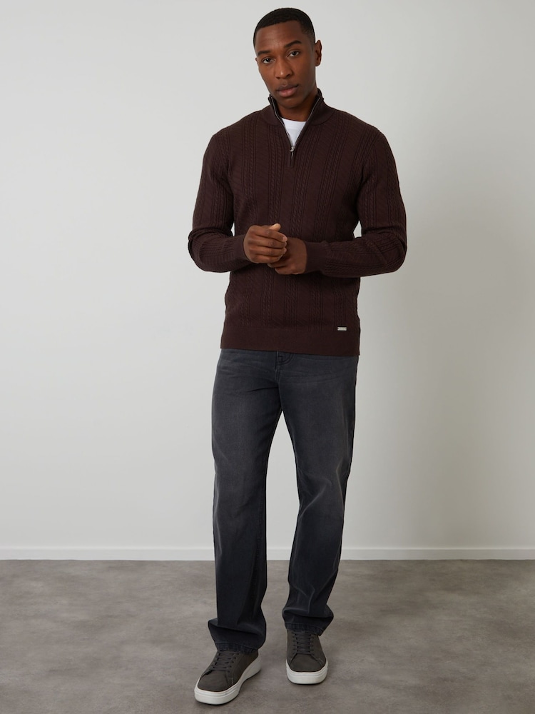 Threadbare Brown Cable Knit Quarter Zip Jumper - Image 4 of 4 Threadbare Brown Cable Knit Quarter Zip Jumper - Image 4 of 4