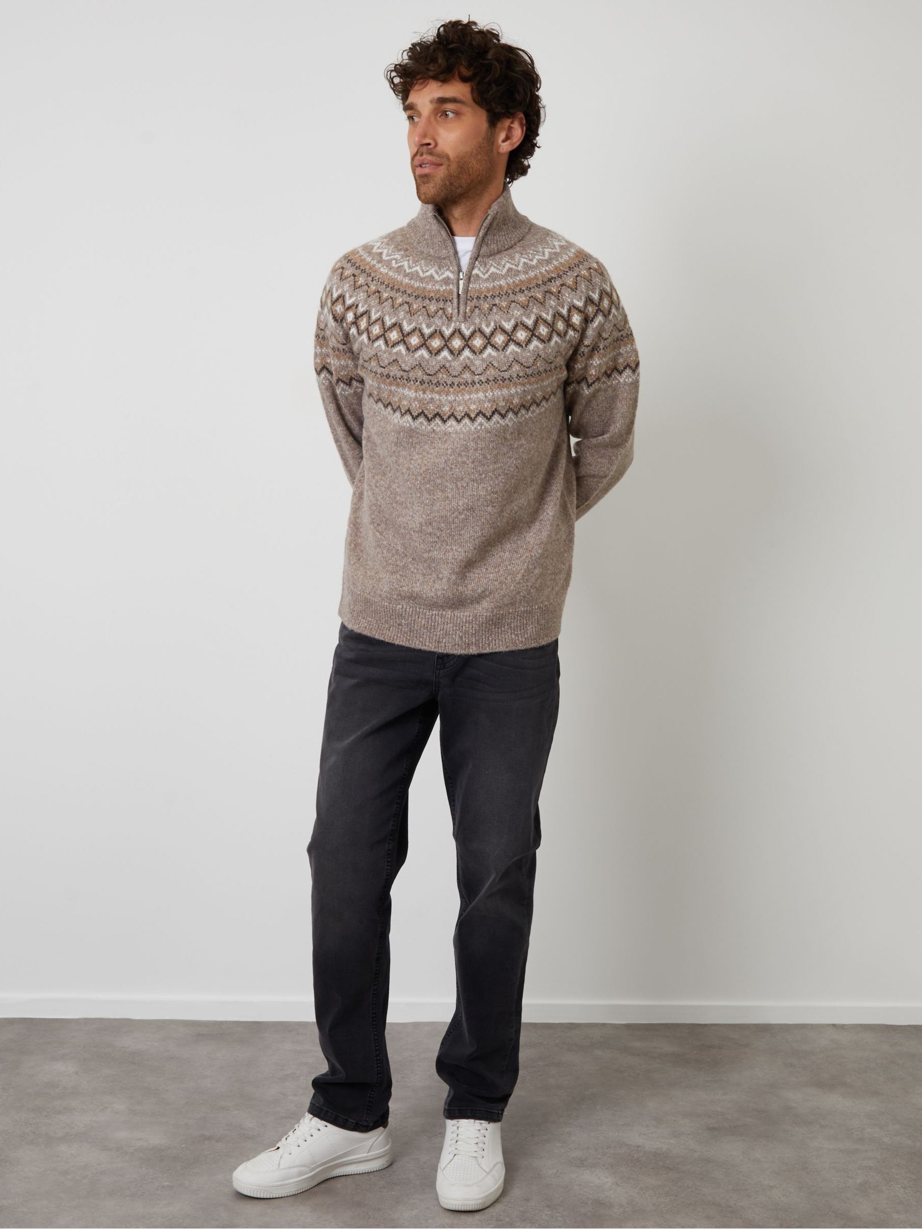 Buy Threadbare Brown Fairisle Quarter Zip Knitted Jumper from the