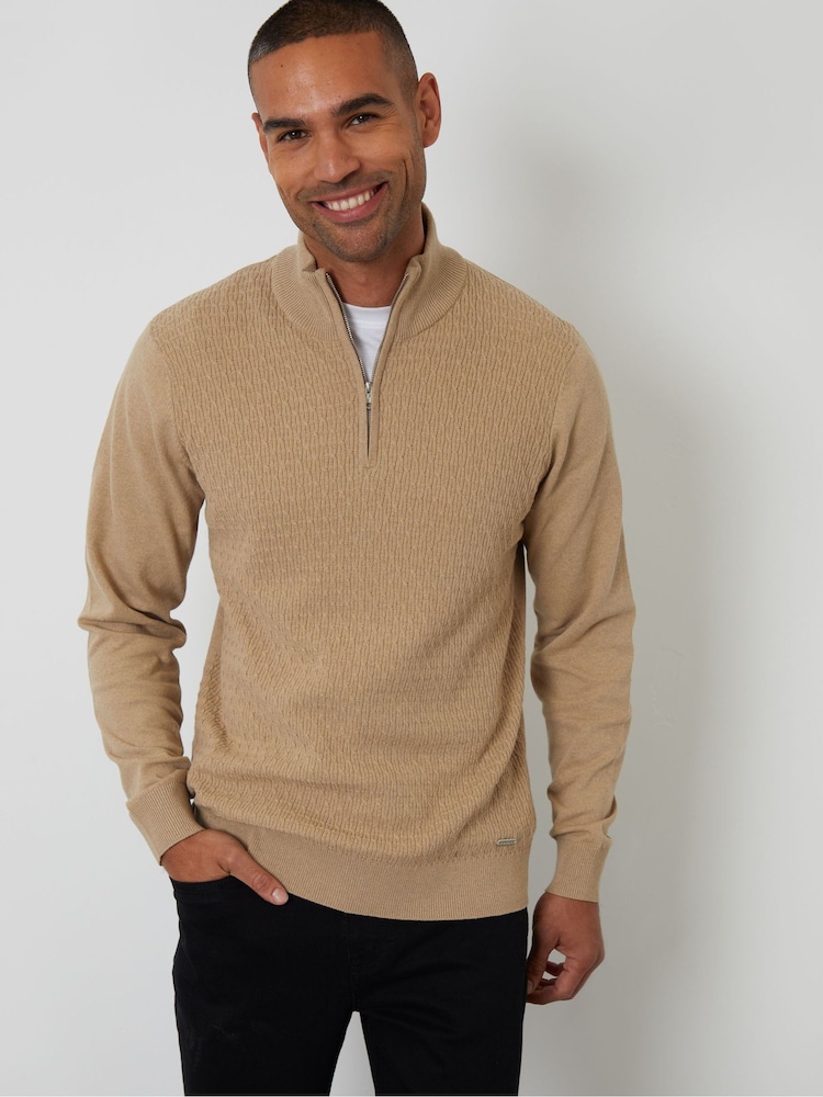 Threadbare Brown Mini Cable Knit Quarter Zip Jumper - Image 1 of 4 Threadbare Brown Mini Cable Knit Quarter Zip Jumper - Image 1 of 4