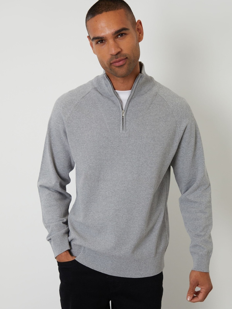 Threadbare Grey Mock T-Shirt Textured Knit Quarter Zip Jumper - Image 1 of 4 Threadbare Grey Mock T-Shirt Textured Knit Quarter Zip Jumper - Image 1 of 4