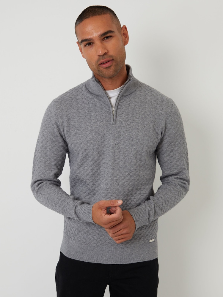 Threadbare Grey Textured Cable Knit Quarter Zip Jumper - Image 1 of 4 Threadbare Grey Textured Cable Knit Quarter Zip Jumper - Image 1 of 4