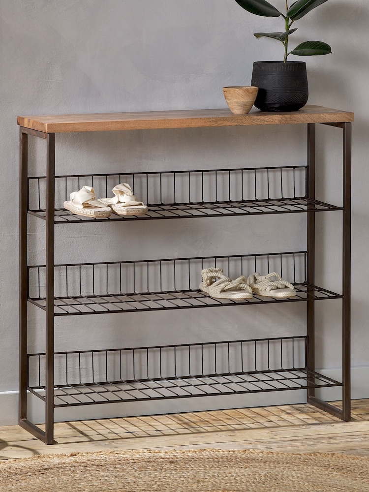 Nkuku Natural Kiyoma Iron & Wood Tall Standing Shelves - Image 1 of 4 Nkuku Natural Kiyoma Iron & Wood Tall Standing Shelves - Image 1 of 4