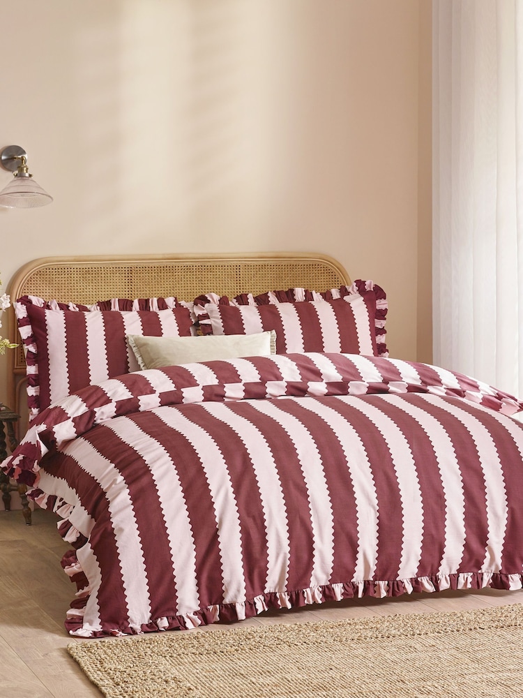 Wylder Burgundy or Blossom Birdie Stripe Ruffle Duvet Cover Set - Image 1 of 4 Wylder Burgundy or Blossom Birdie Stripe Ruffle Duvet Cover Set - Image 1 of 4