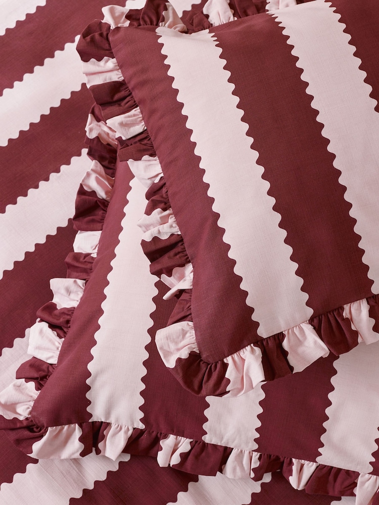 Wylder Burgundy Red Birdie Stripe Ruffle Duvet Cover Pillowcase Set - Image 3 of 3 Wylder Burgundy Red Birdie Stripe Ruffle Duvet Cover Pillowcase Set - Image 3 of 3