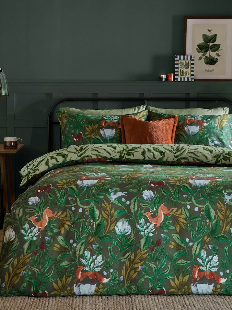 Furn Forest Green Into The Woods Printed Reversible Duvet Cover Set - Image 1 of 4 Furn Forest Green Into The Woods Printed Reversible Duvet Cover Set - Image 1 of 4