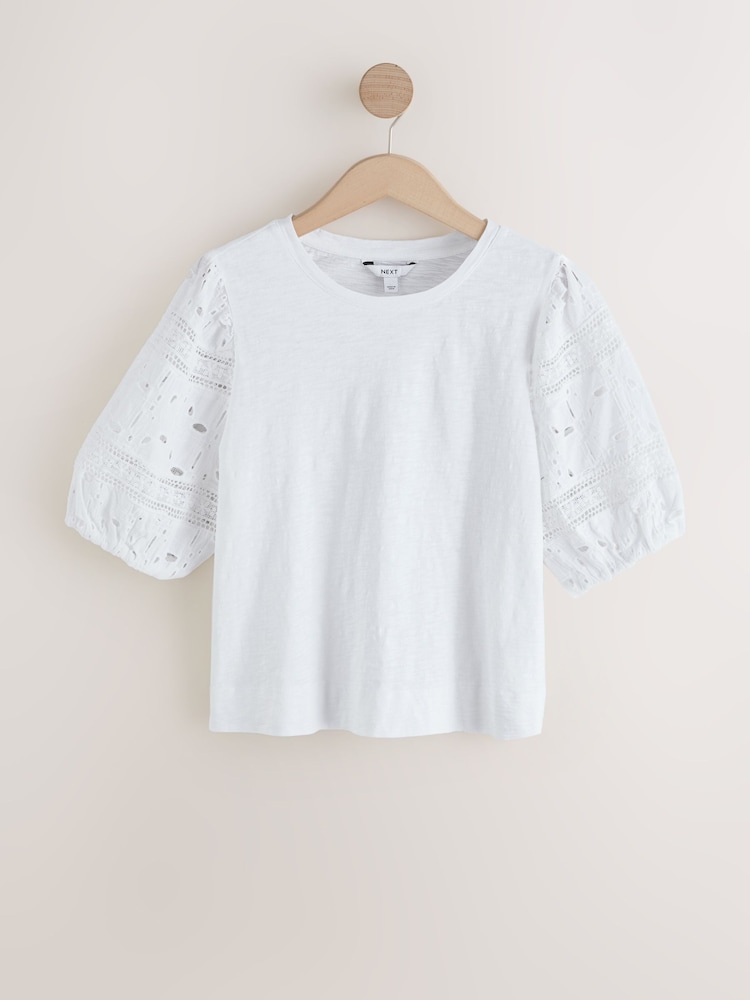 White Broderie Sleeve Crew Neck T-Shirt - Image 1 of 3