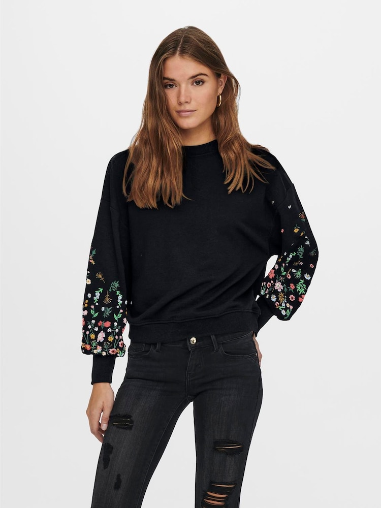 ONLY Black Long Sleeve Flower Detail Jumper - Image 1 of 4 ONLY Black Long Sleeve Flower Detail Jumper - Image 1 of 4