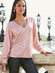 Sosandar Gold Sequin V Neck Blouson Sleeve Top - Image 1 of 5