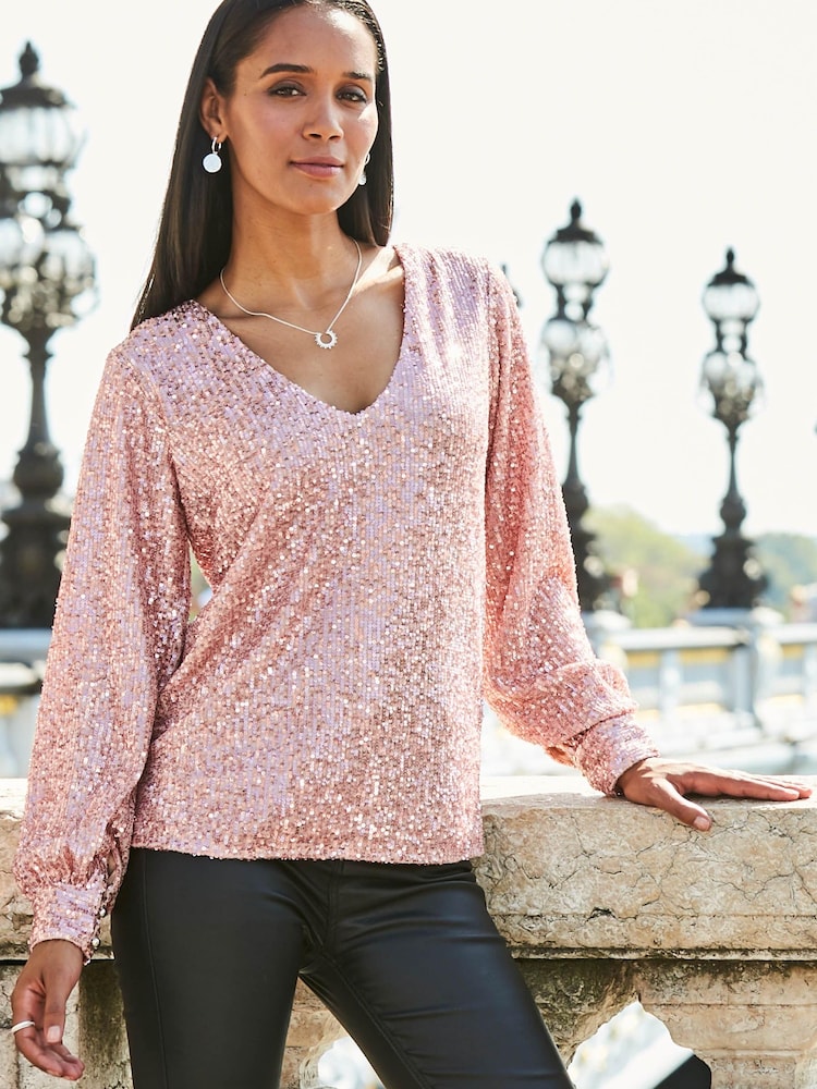 Sosandar Gold Sequin V Neck Blouson Sleeve Top - Image 1 of 5